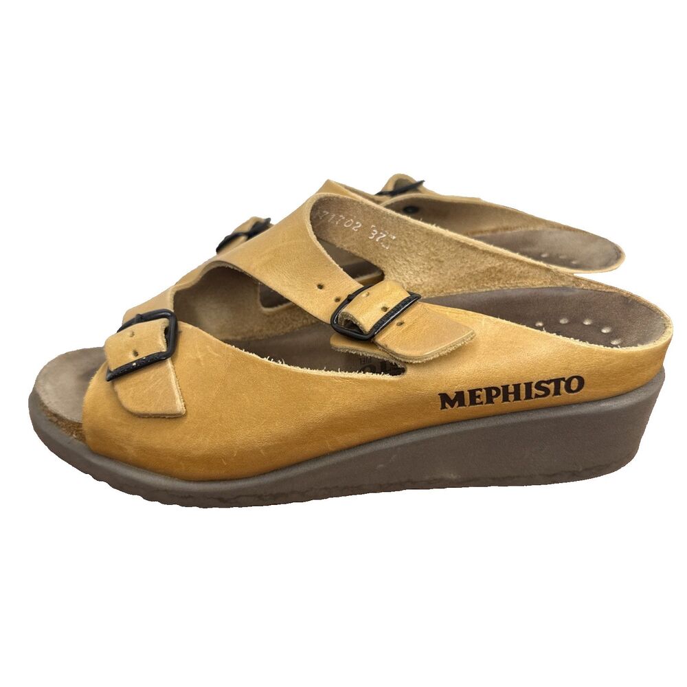 Mephisto Elka Tan Leather Slide Sandals Womens Size 37 EU 6.5 US Wedge Comfort